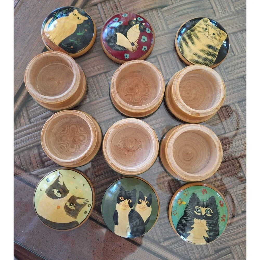 Hand Painted Wooden Cat Trinket Boxes Set of 6 Boxed Vintage Authentic Models